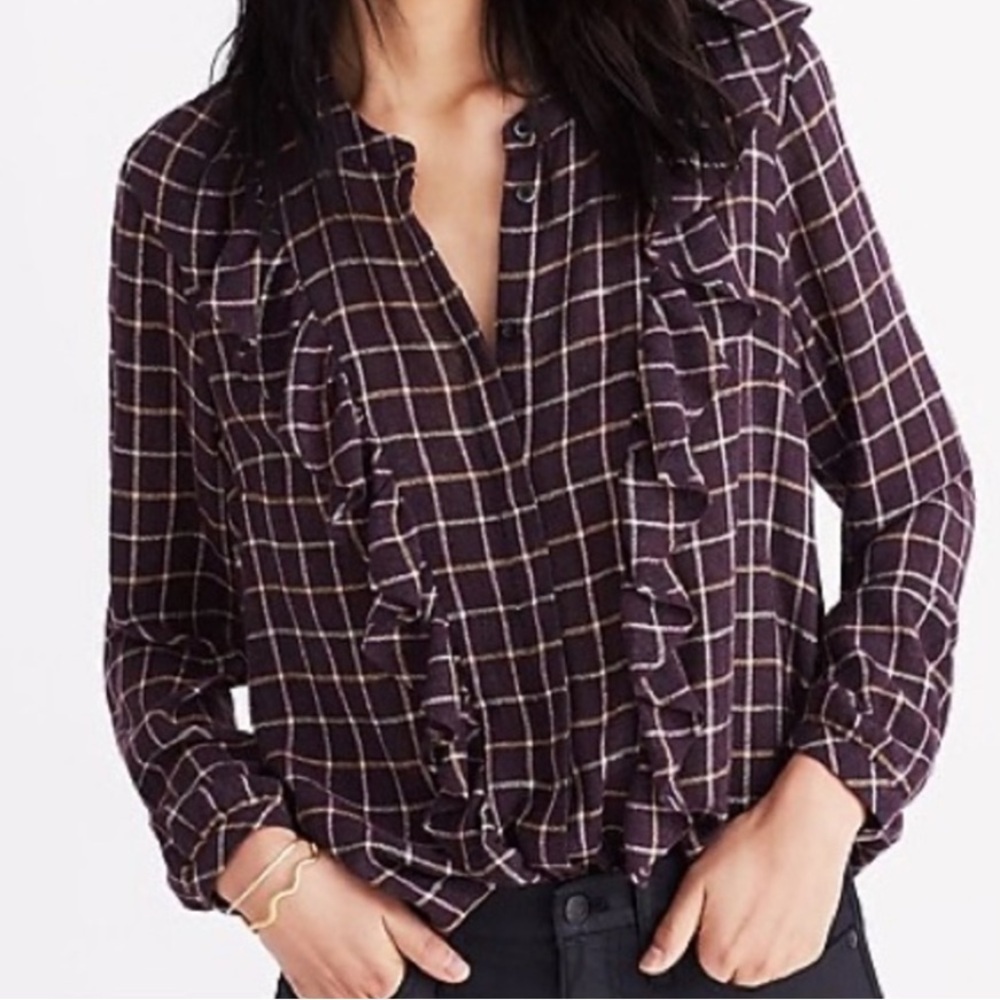 Madewell Plaid Ruffle Front Wool
Blend Button Down Shirt